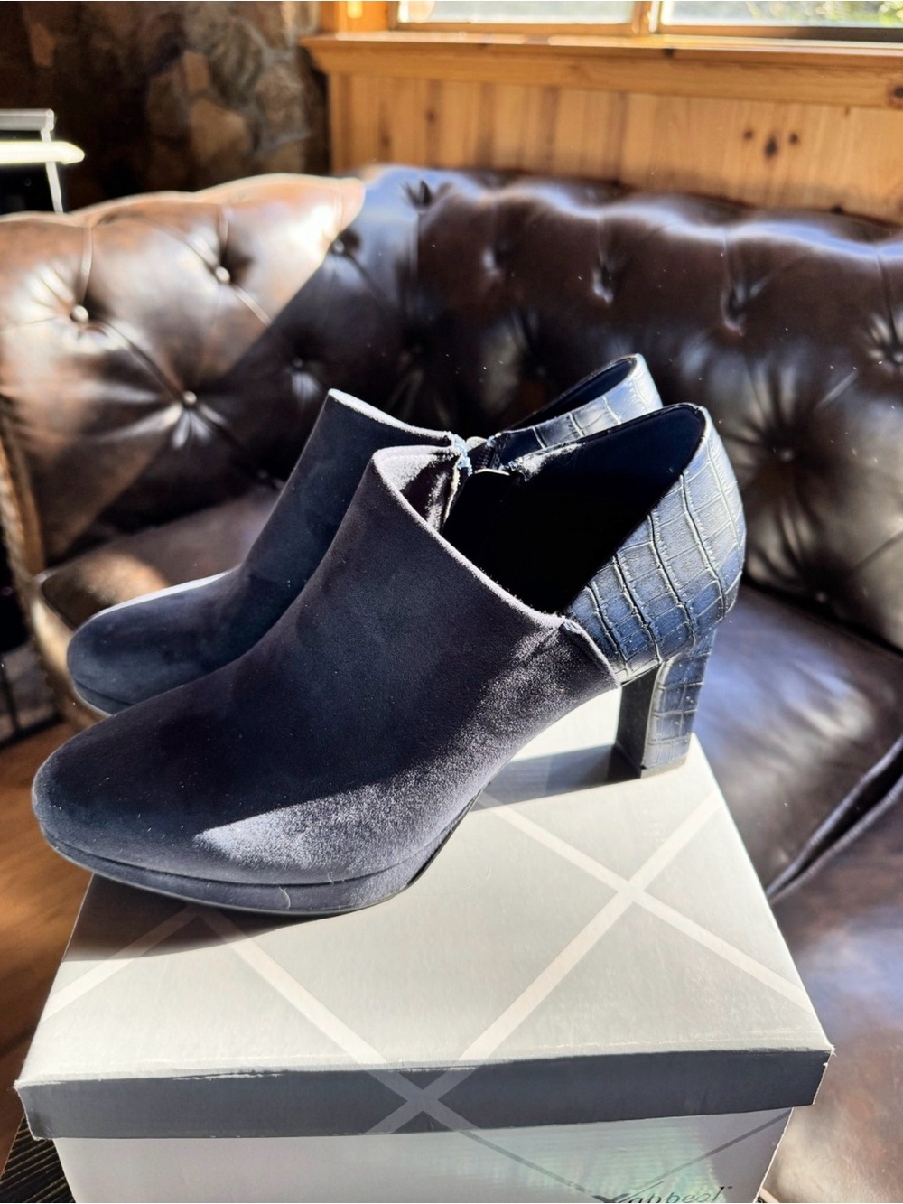 Women’s Navy Blue Suede Ankle Booties with Croc-Textured Heel, Size 11